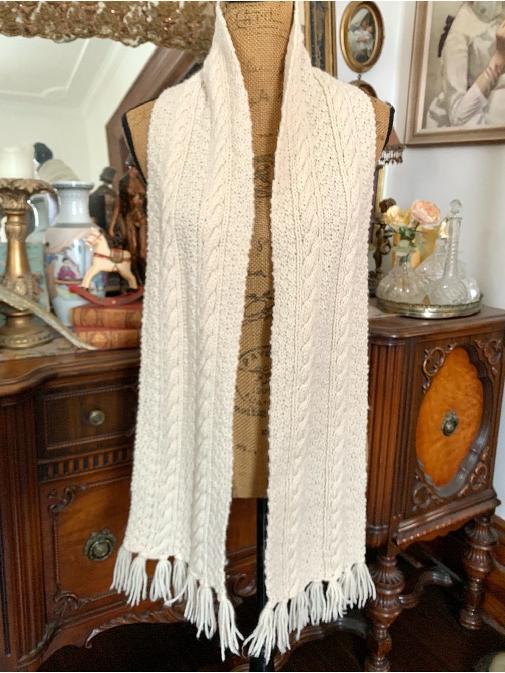 Vintage Canadian Hand-Knit Ivory Boho Hippie Fringe Wrap Scarf Shawl, Wool Mix?